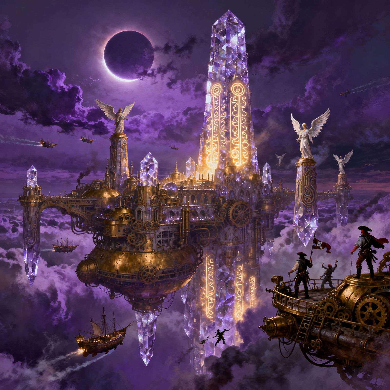 Floating Crystal City Under Eclipse with Airship Battles