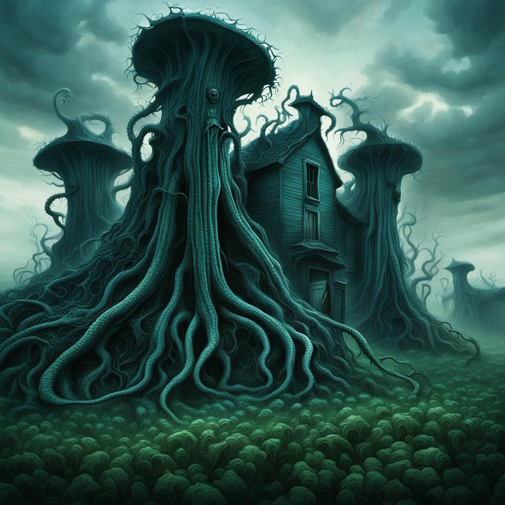 Eerie Farm with Slug Wraiths in Surreal Style