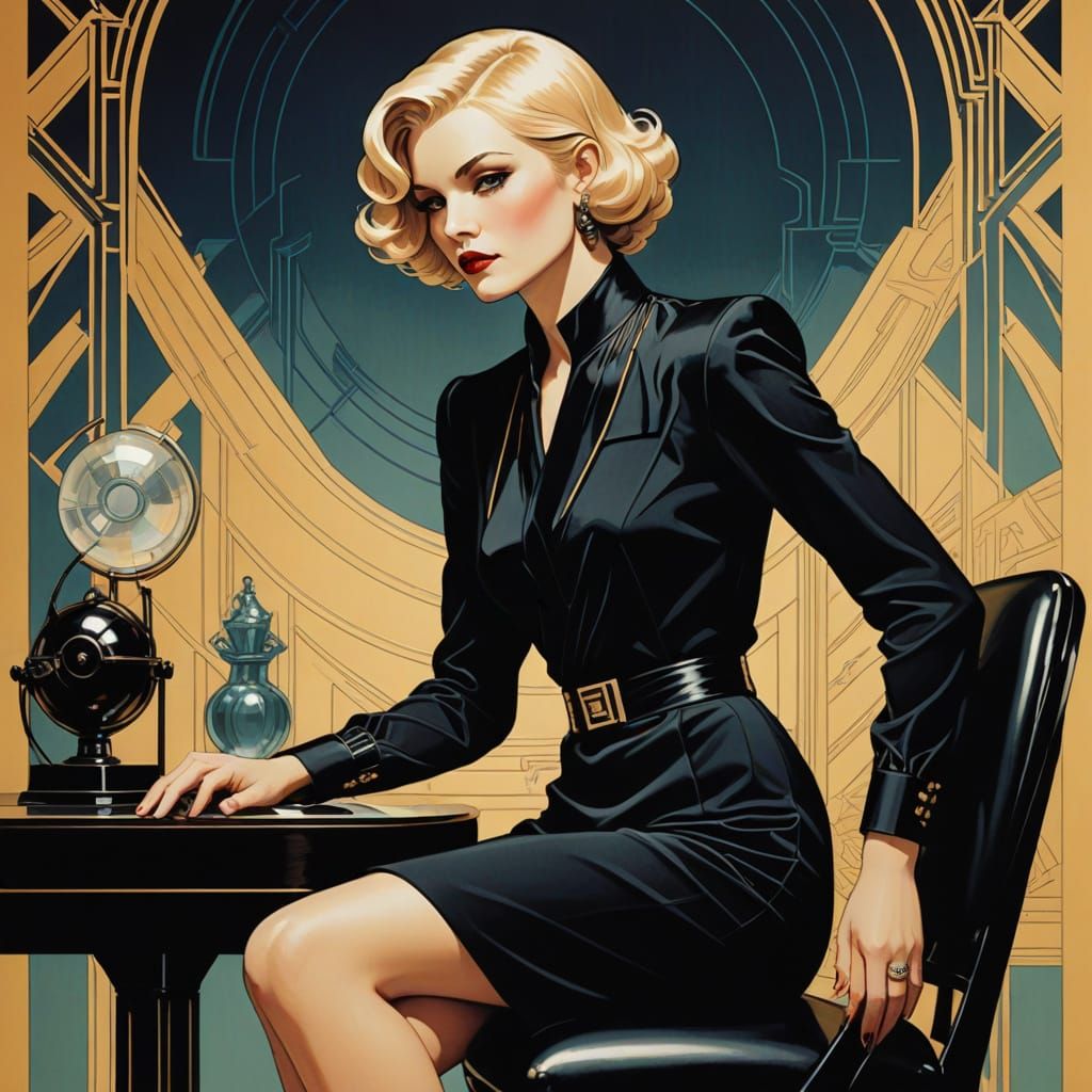 Attractive petite blonde lady in tight blouse black mini dre...