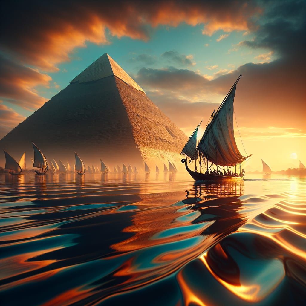 Egyptian Felucca Sails on Nile with Great Pyramid