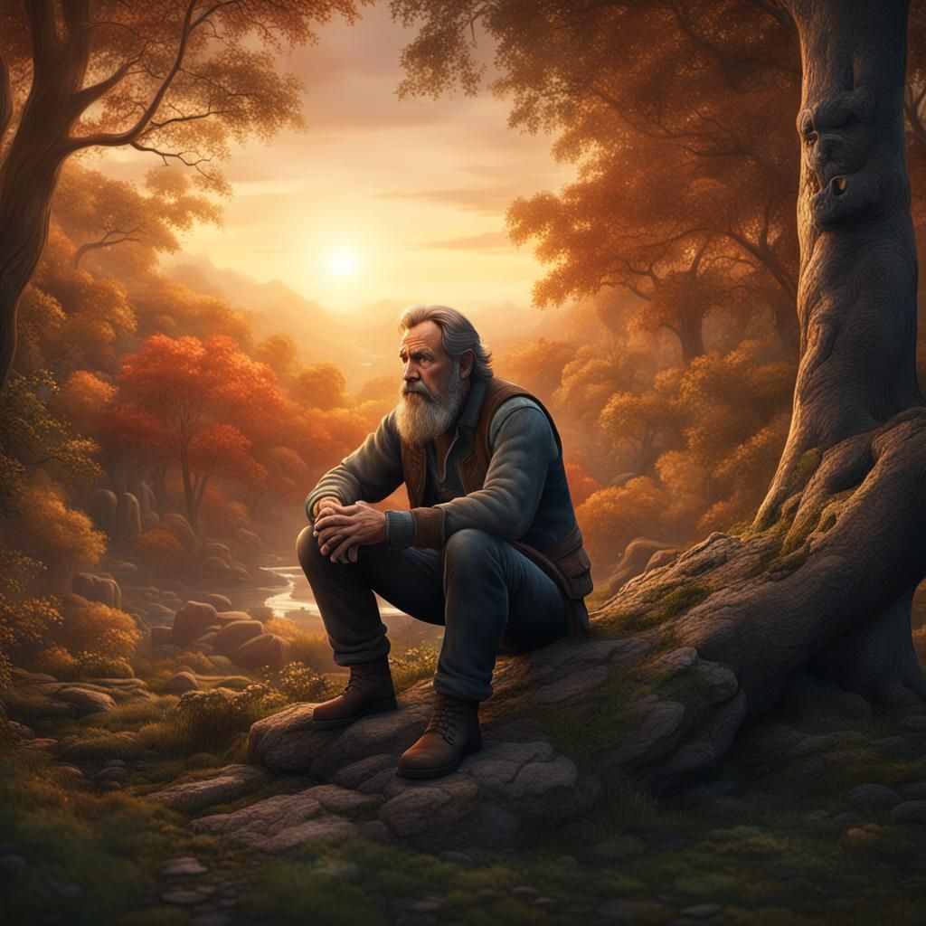 Sad Man in Woods: Fantasy Concept Art