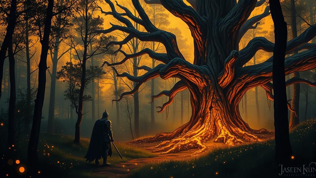 Knight in Mystical Forest at Golden Hour