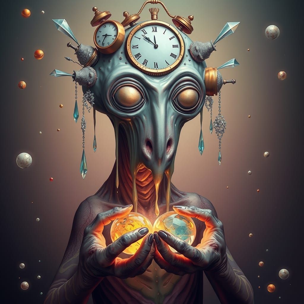 Surreal Creature with Dripping Clocks and Crystal Ornaments