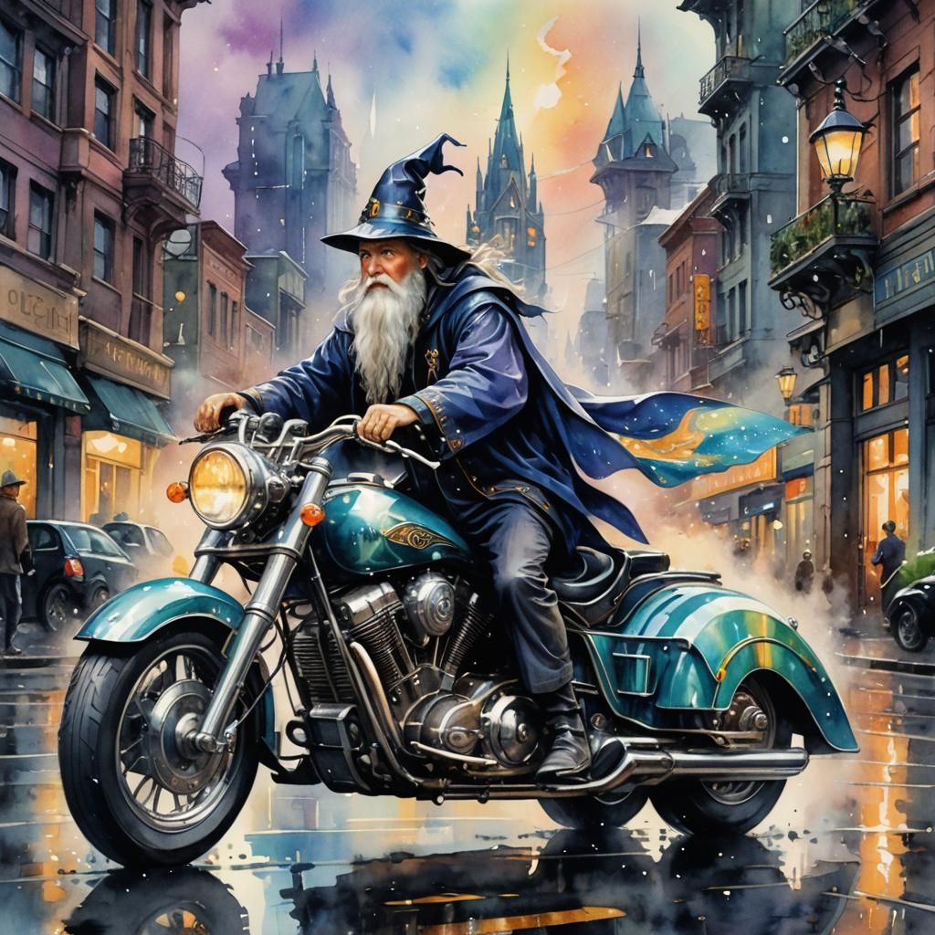 Wizard on Motorcycle: Romantic Watercolor Art