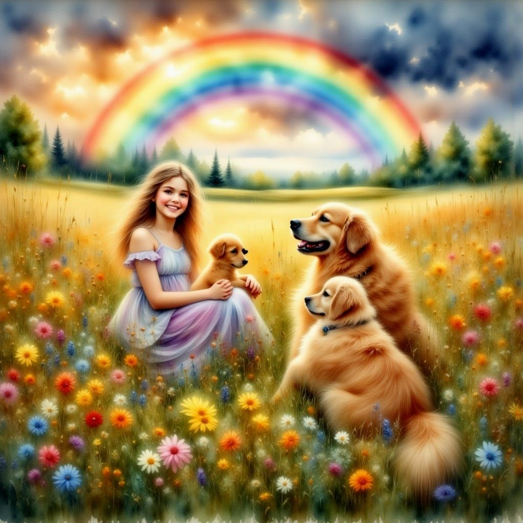 Girl and Puppy Under Rainbow, Luminist Painting