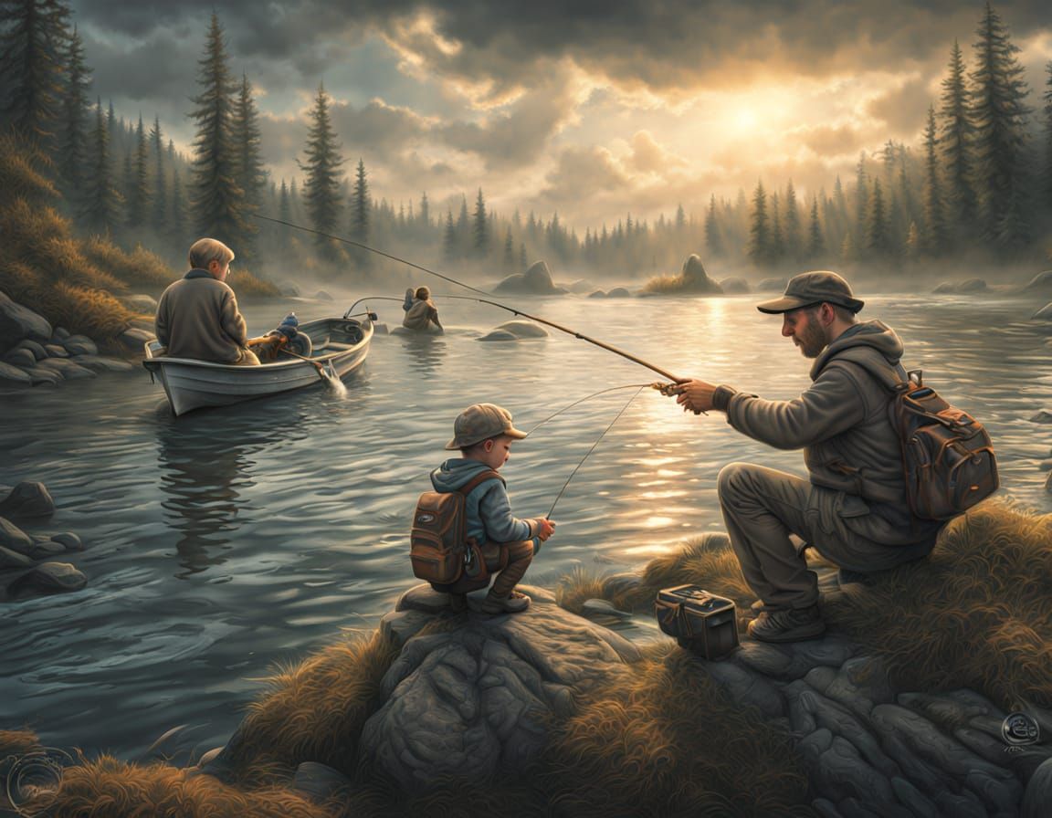Father and Son Fishing: Hyperrealistic Digital Matte Paintin...