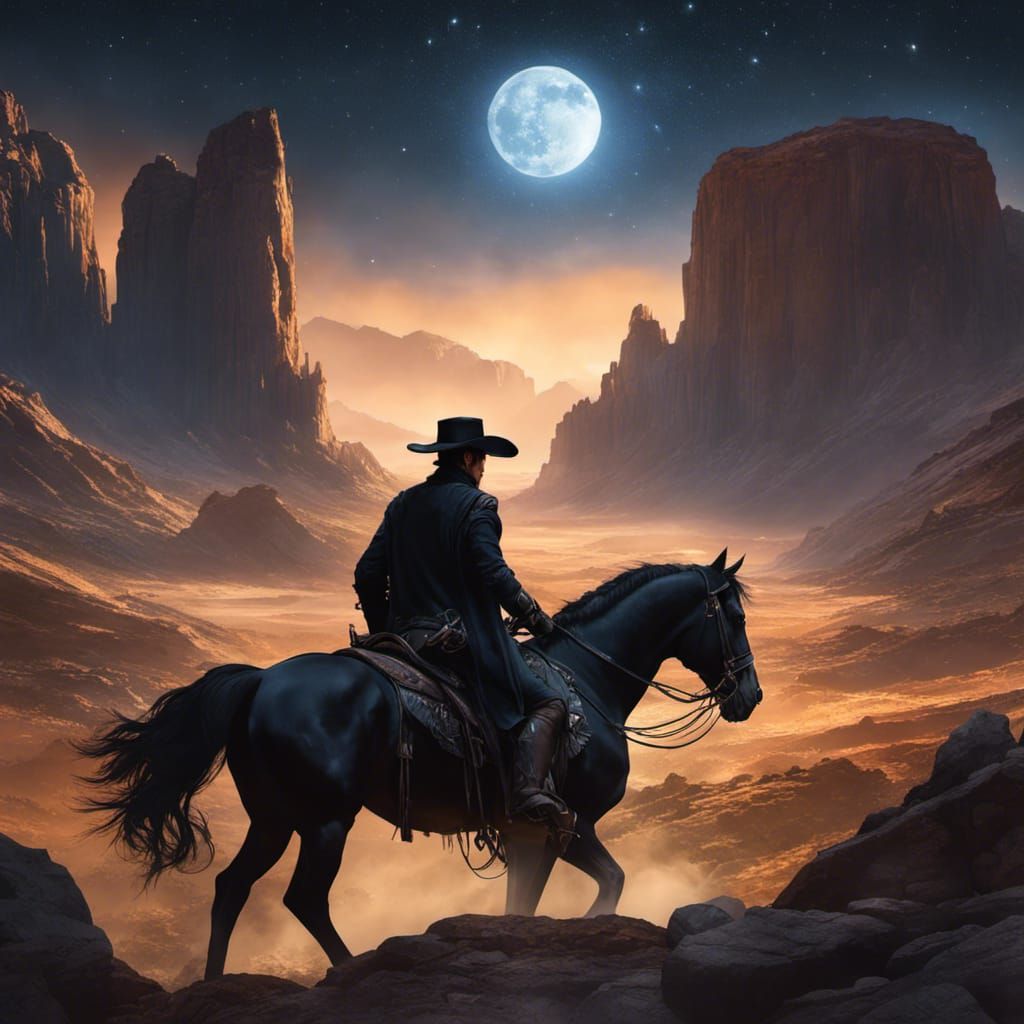 Cowboy Riding Black Horse Under Starry Sky
