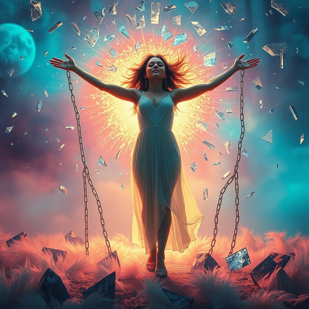 Surreal Woman Breaks Free from Chains of Doubt in Vibrant, D...