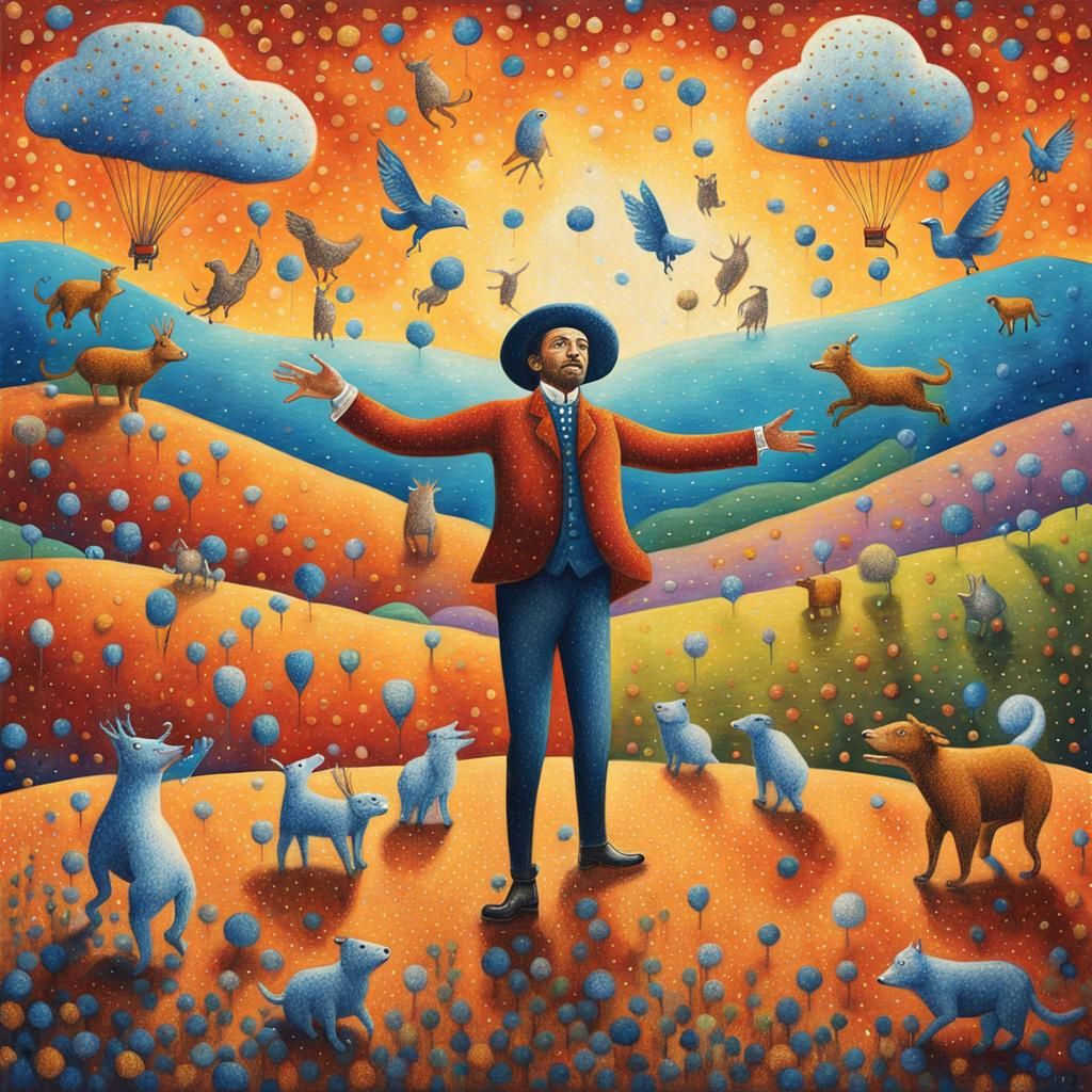 Flea Circus Tamer in Pointillist Acrylic Art