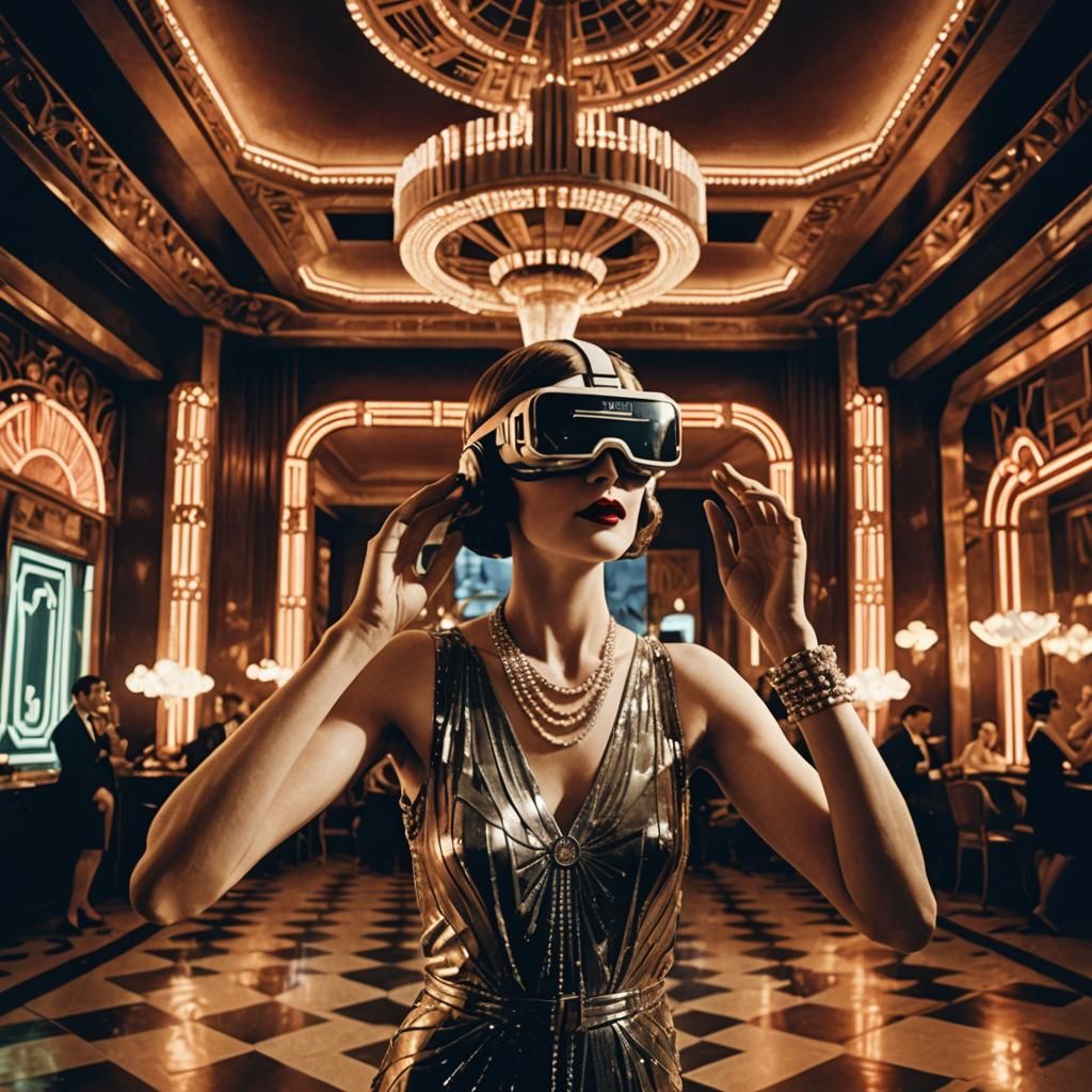 Flapper Girl Dances in Merged Ballroom with VR Headset