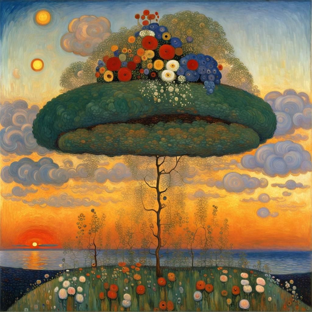 Floating Island Sunset, Art Nouveau Surrealism