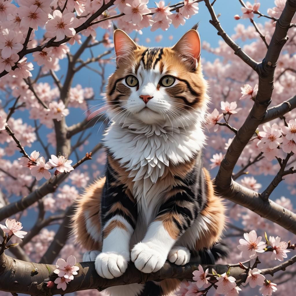 Cat Lounging in Sakura Tree: 3D Anime Art