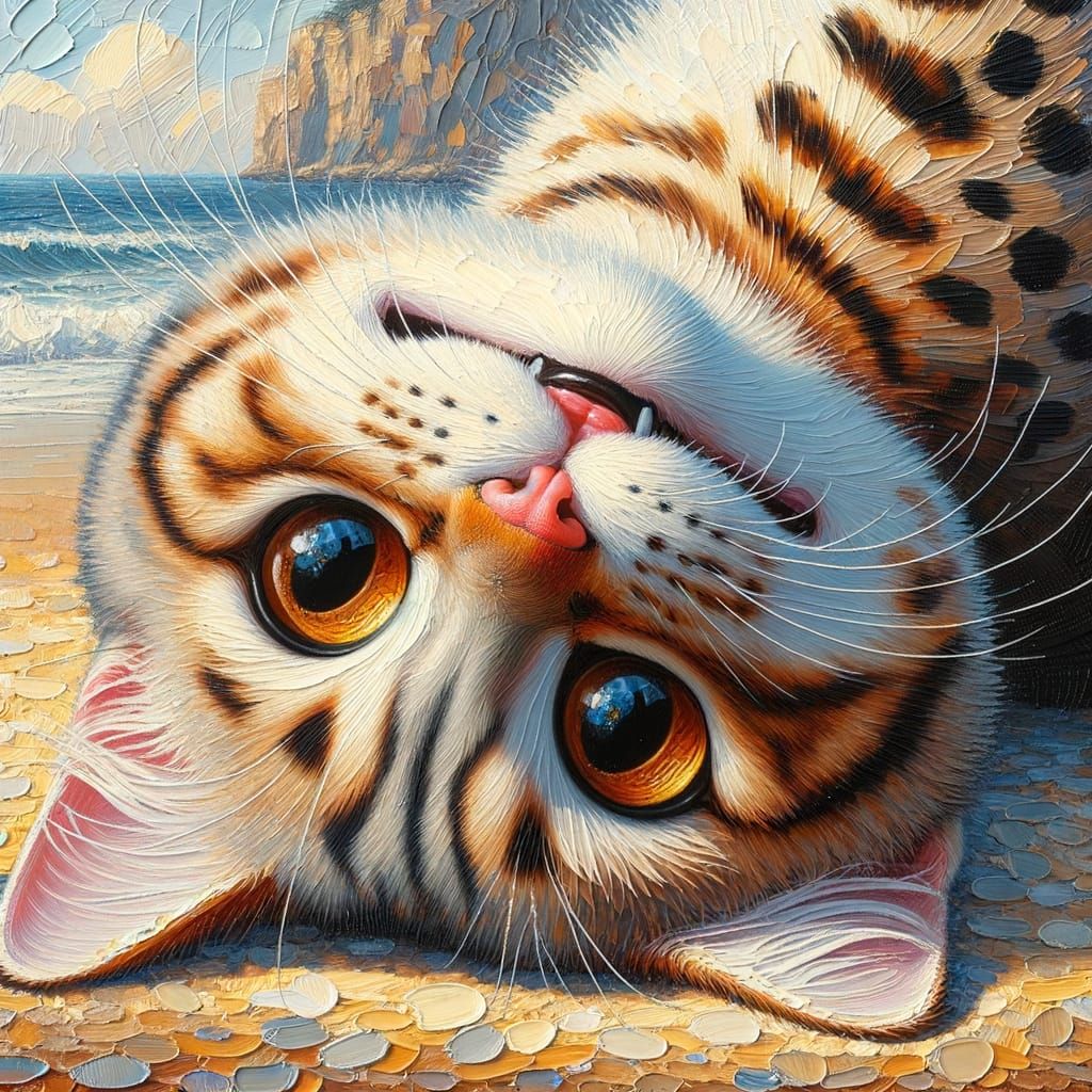 Adorable Cat's Playful Grin on a Sunny Beach