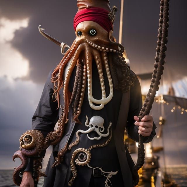 Alien Octopus Pirate Captain on Ship, Detailed Scene