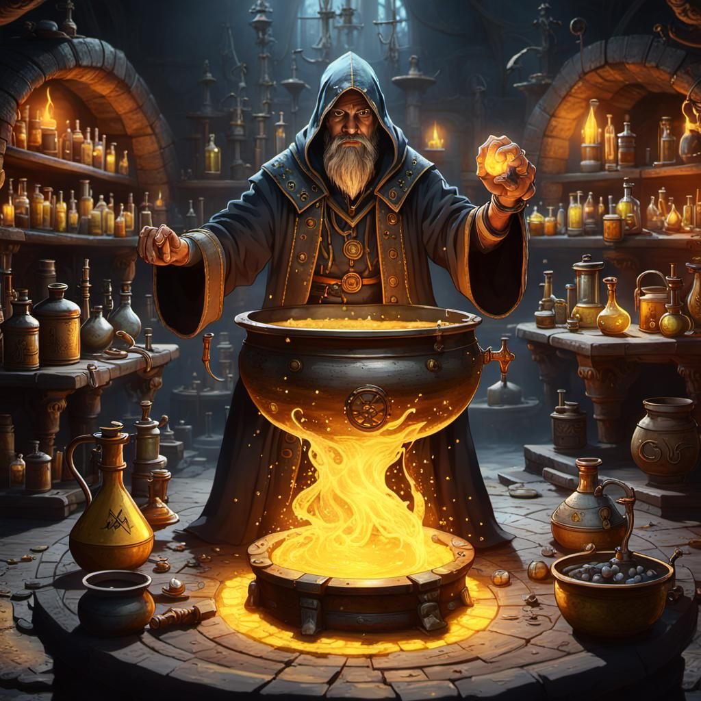 Alchemist and Magical Potion in Medieval Laboratory
