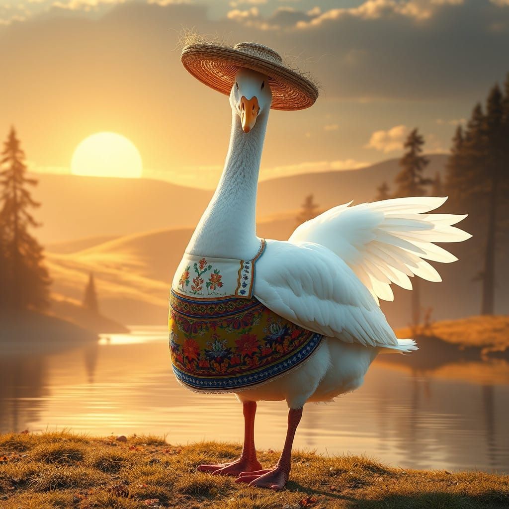 Surreal Ukrainian Goose Reigns in Vibrant, Golden Landscape