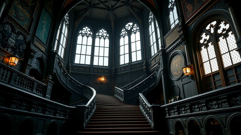 Gothic Hogwarts Grand Staircase in Atmospheric Chiaroscuro S...
