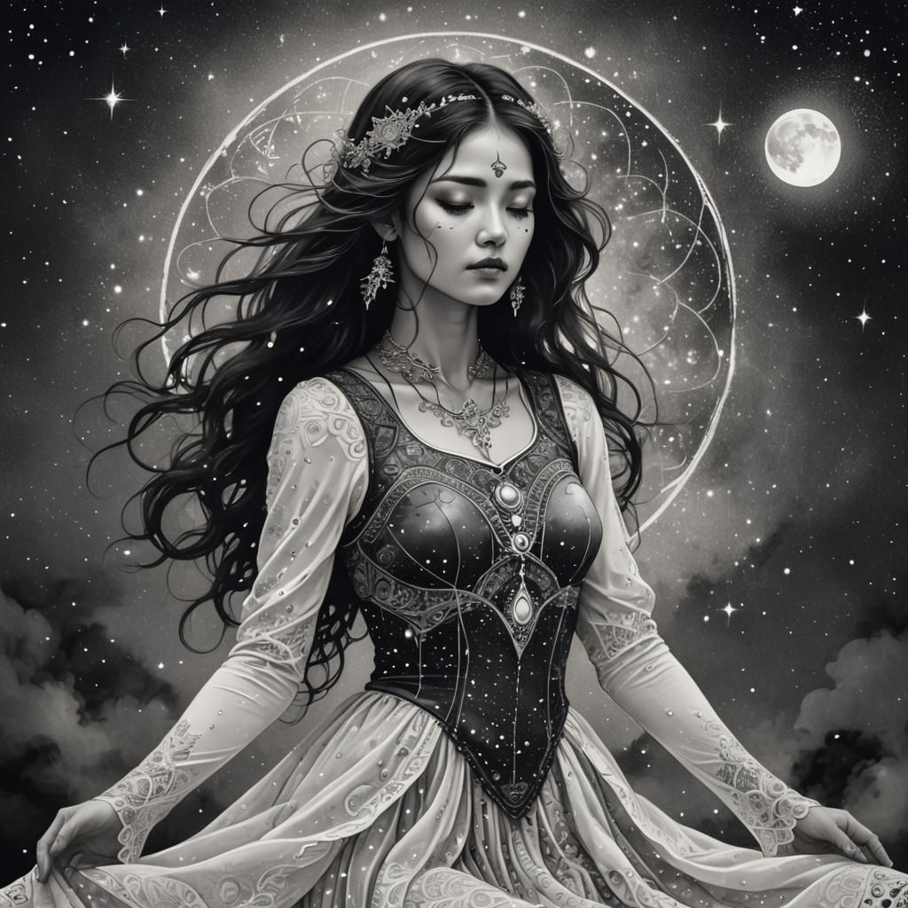 Ethereal Lady of the Stars in Monotone Ink Art