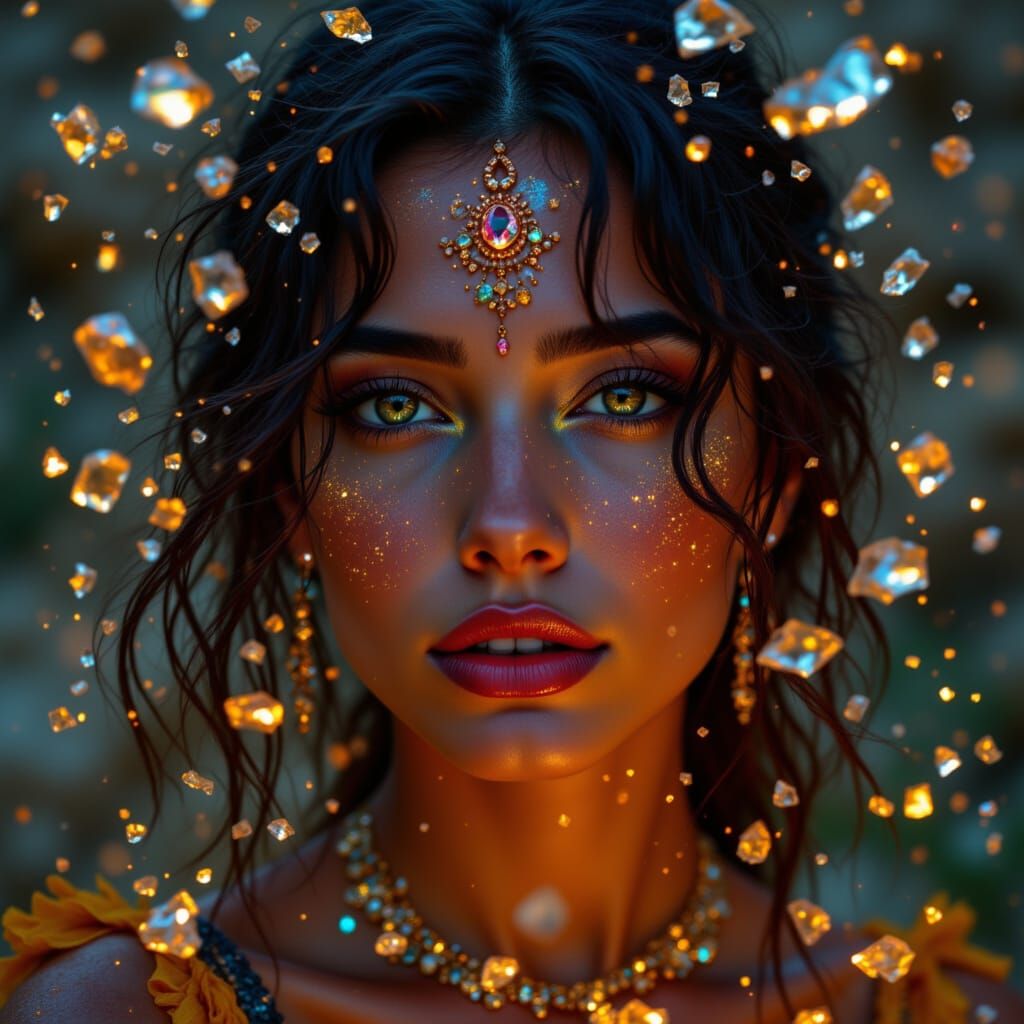 Neon Noir Portrait of a Woman with Crystal Fragments