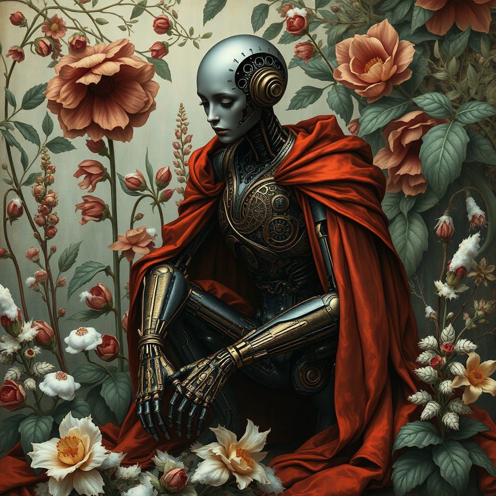 Majestic Android in Winter Botanical Motif with Pre-Raphaeli...