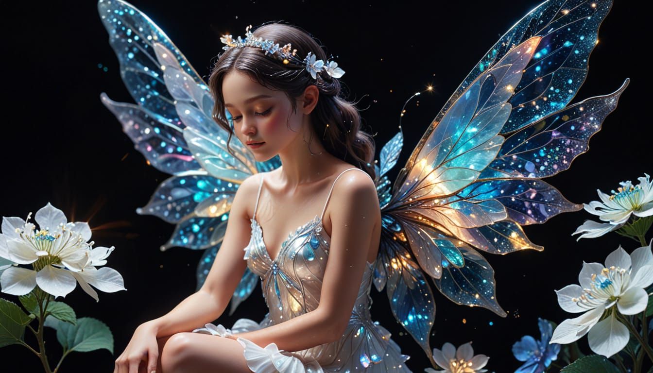 Fairy on Crystal Hydrangea in Holographic Astral Art