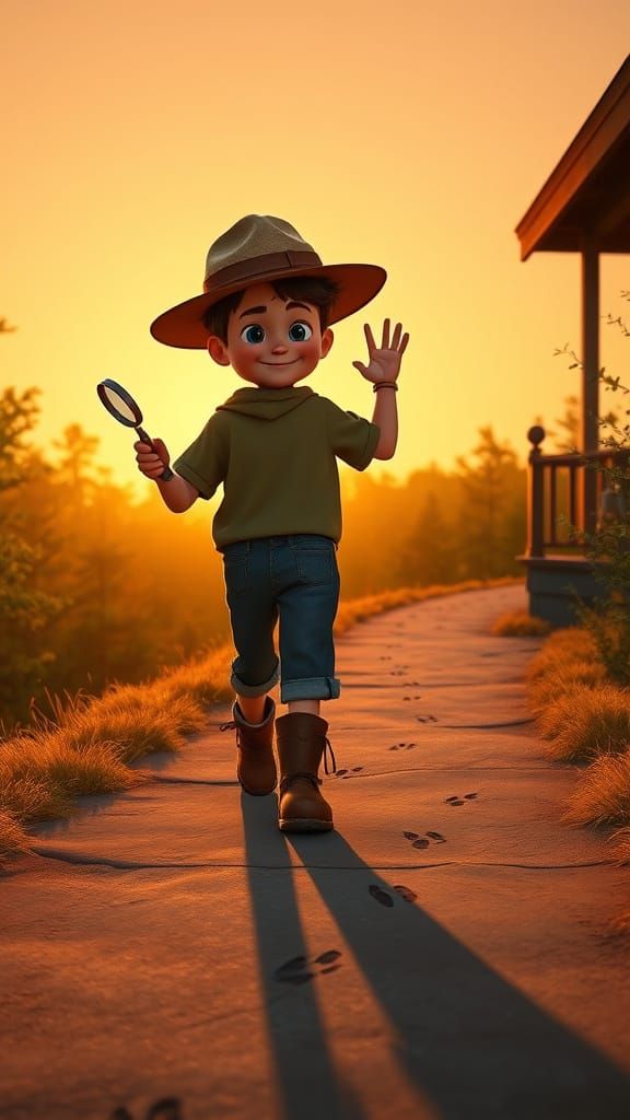 Curious Boy Embarks on Adventure in Vibrant Sunset Landscape
