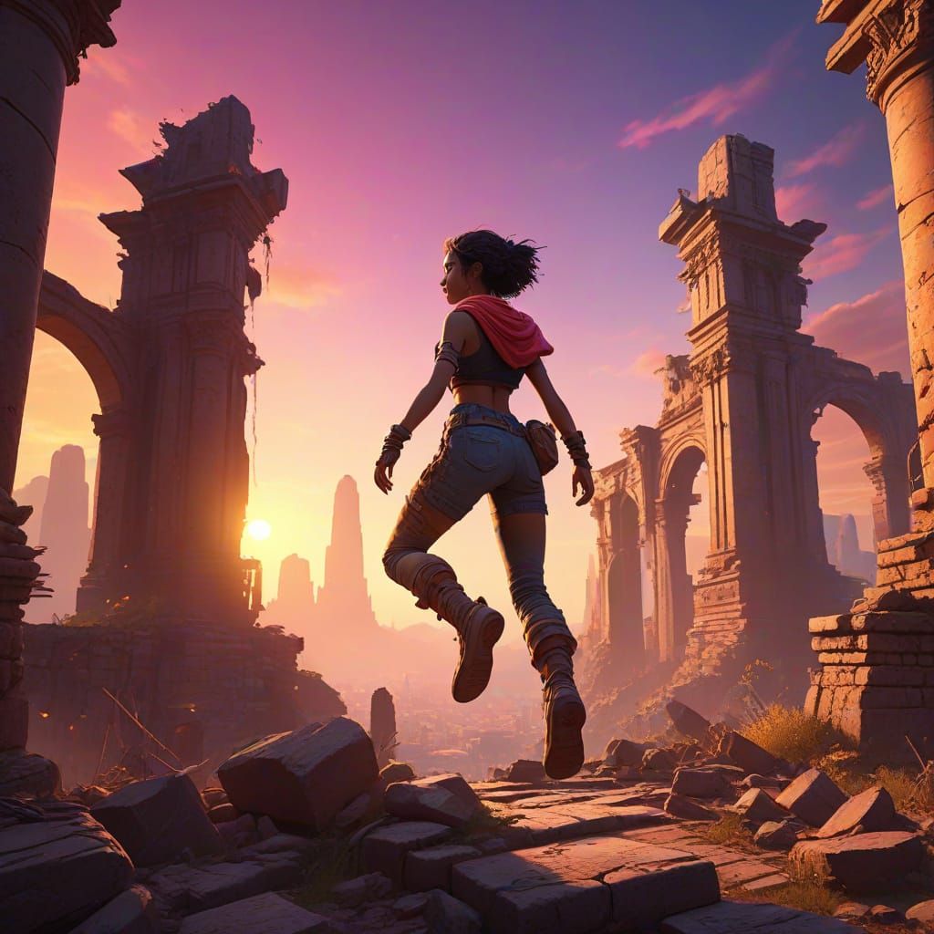 Character Leaps Between Ruins and Neon Skyline