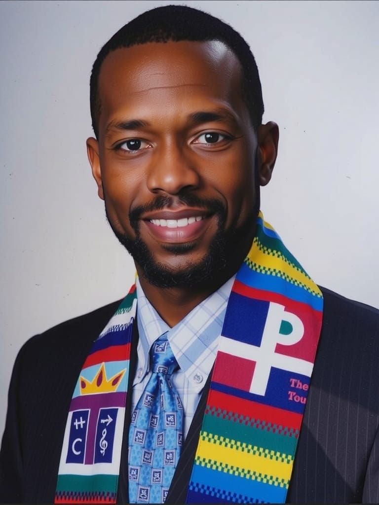 Smiling African American Pastor in Suit with Religious Stole