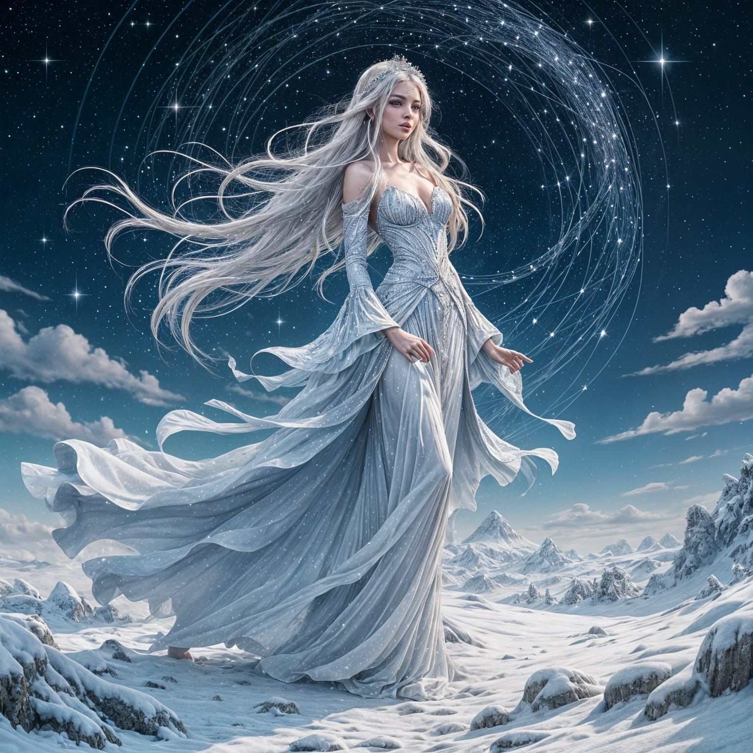 Cosmic Winter Goddess Dances Creation in Starry Wonderland