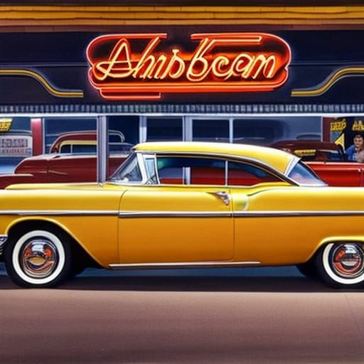 1957 Chevy at Retro Diner, Detailed Gouache Painting