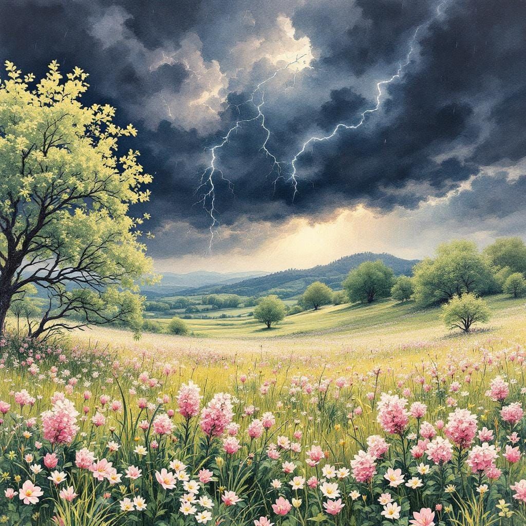 Spring Meadow Under Storm, Watercolor and Ink