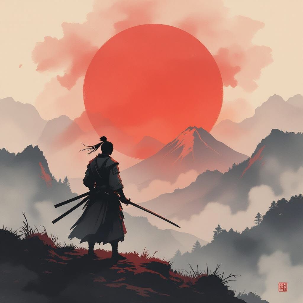 Lone Samurai Warrior at Crimson Sunset