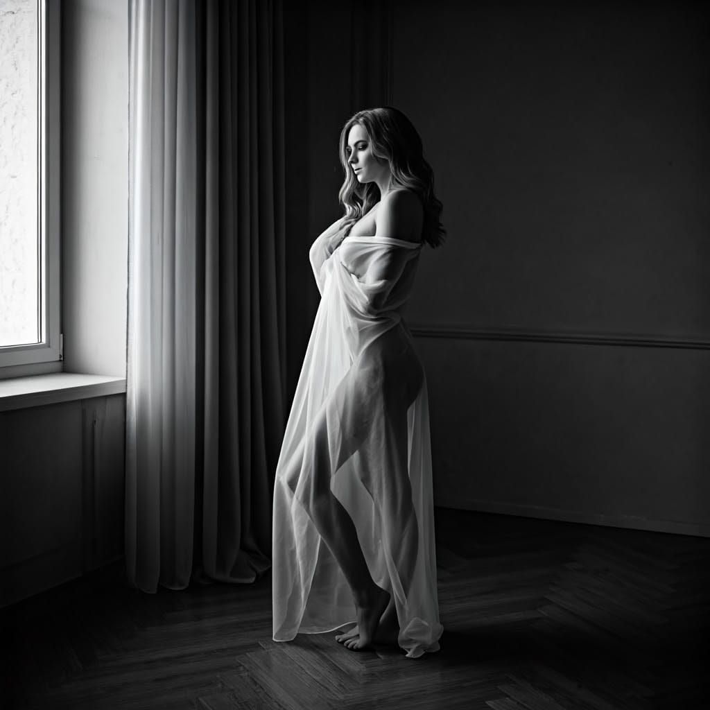 Ethereal Black-and-White Portrait of a Woman in Serene Repos...