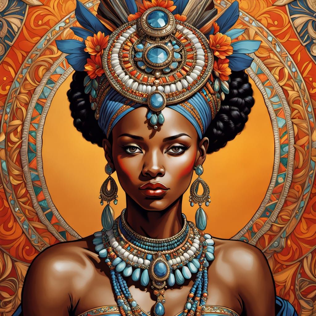 Regal Queen Nandi in Art Nouveau Style