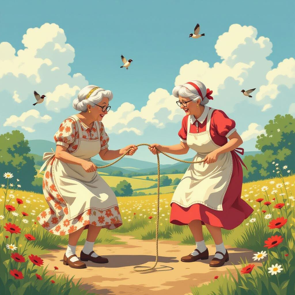 Elderly Women Play Jump Rope in Anime Style