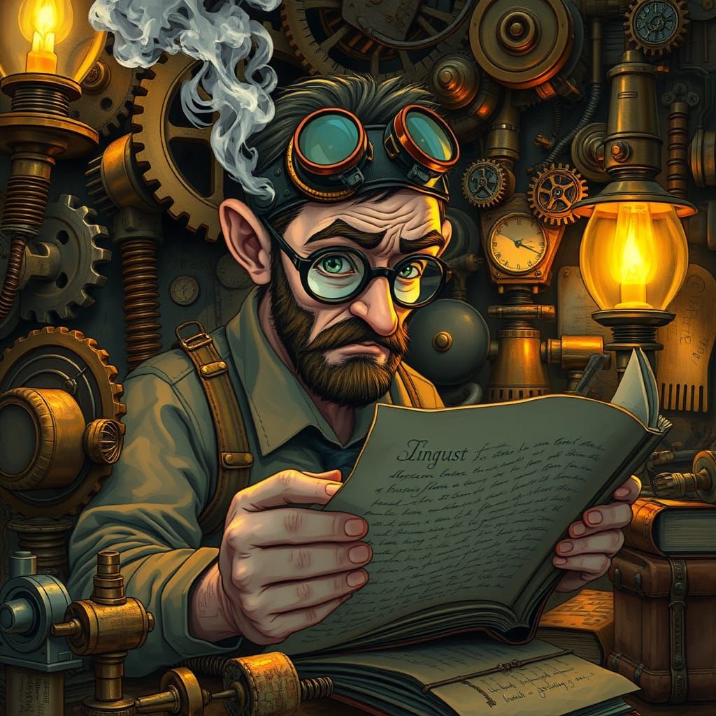 Steampunk Linguist Deciphers Ancient Script in Gear-Filled W...
