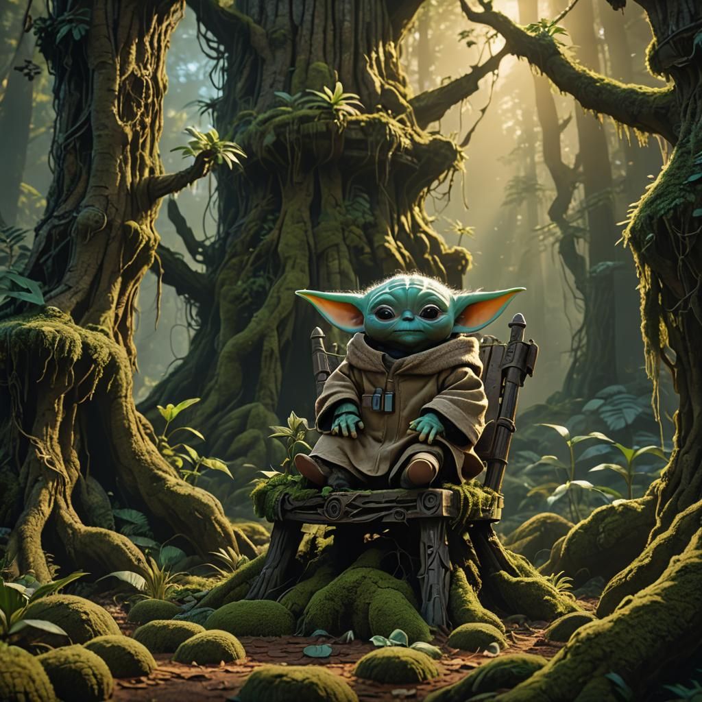 Baby Yoda on Forest Throne Inspired by Stalenhag