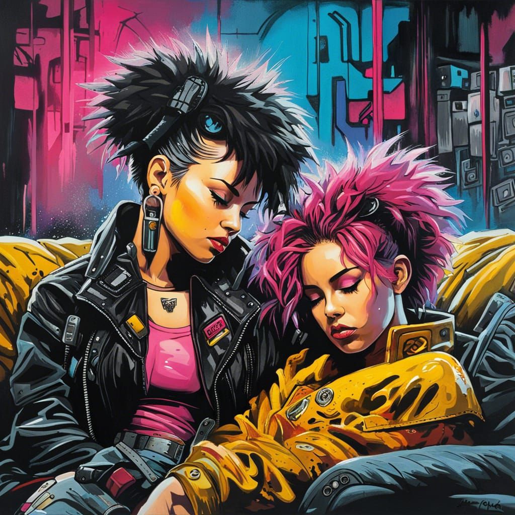 Cybergoth Women Sleeping: Cyberpunk Graffiti Art