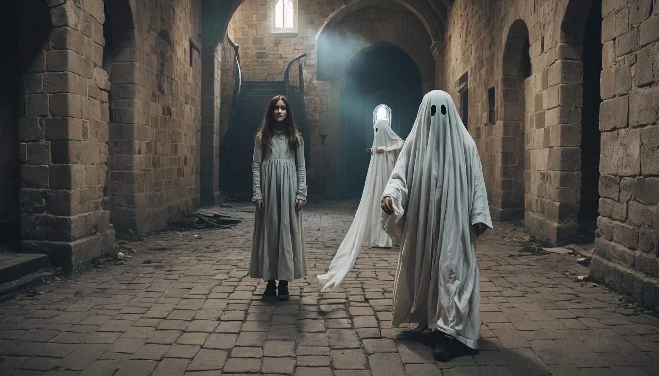 Ghost Scares Girl in Old Castle: Horror Scene