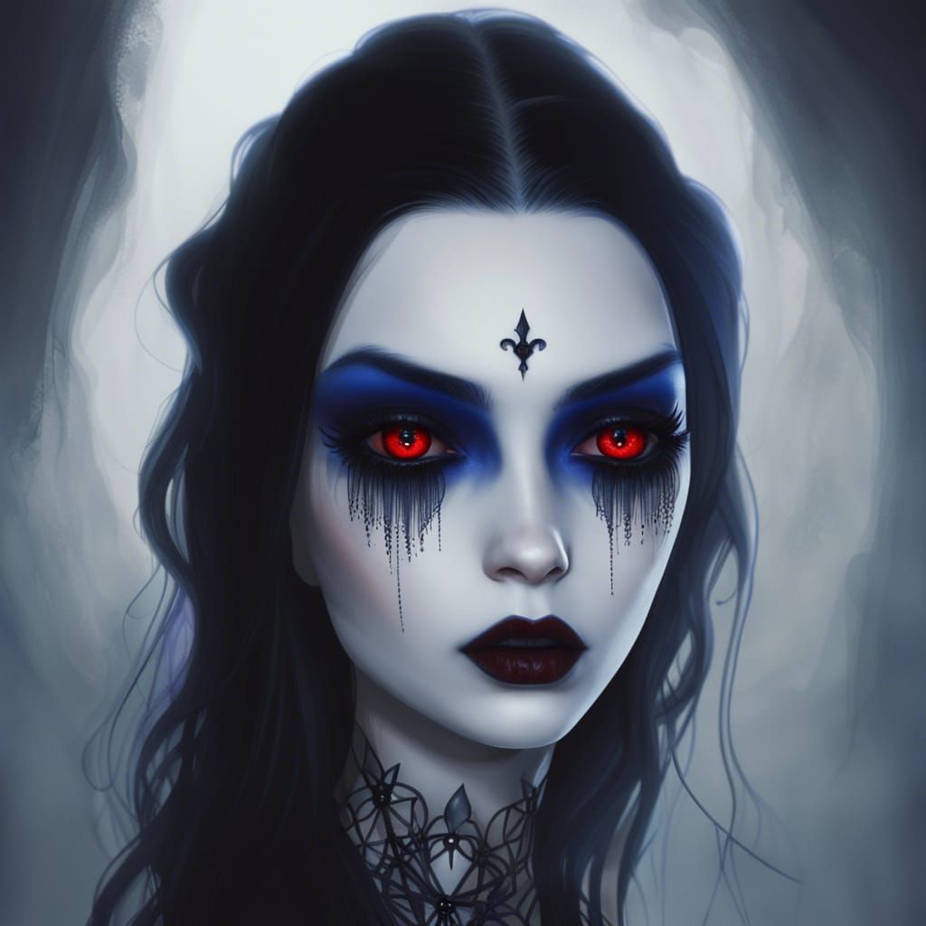 Gothic vampire lady with long black hair& red eyes& cobalt b...