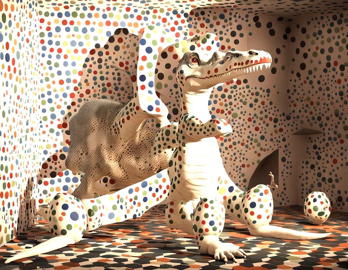 Humanoid Dinosaur in Polka-Dotted Room: Action Toy Design