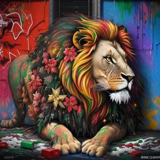 Lion Covered in Lights and Flowers: Graffiti Art