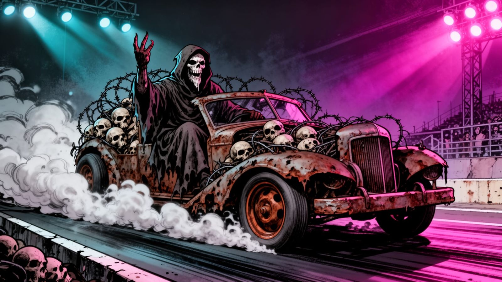 Grim Reaper Burnout in Rusted Rat Rod Comic Art