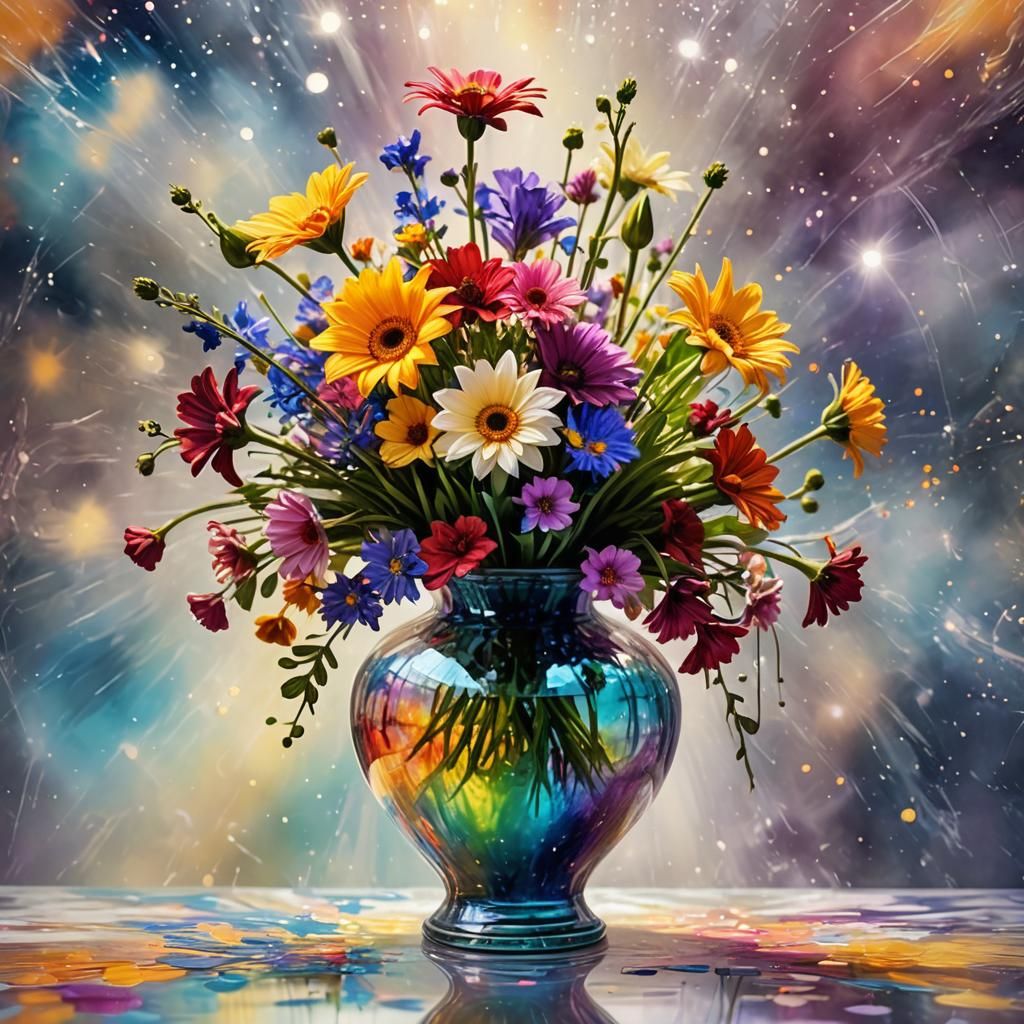 Vibrant Flowers in Transparent Vase, Digital Art