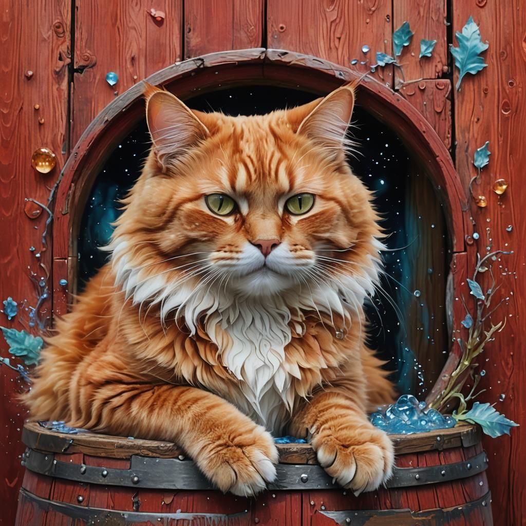 Ginger Cat Sleeping on Barrel in Ethereal Fantasy Style