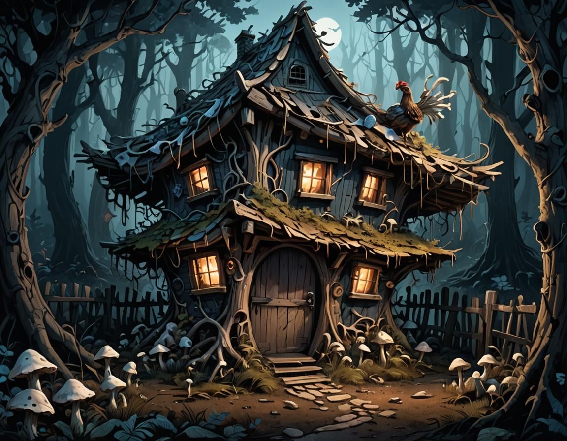Baba Yaga's Hut in Dark Whimsy Illustration