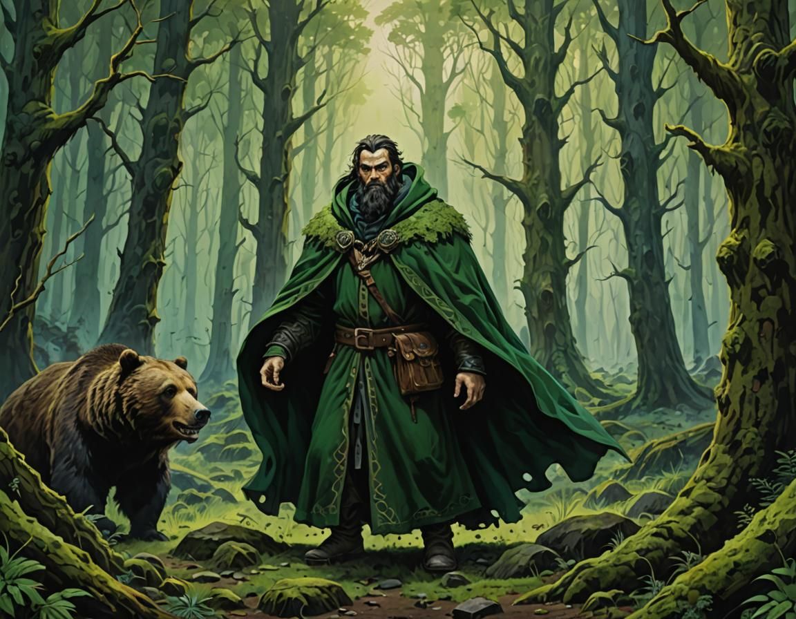 Druid Battles Bear in Anime Acrylic Painting