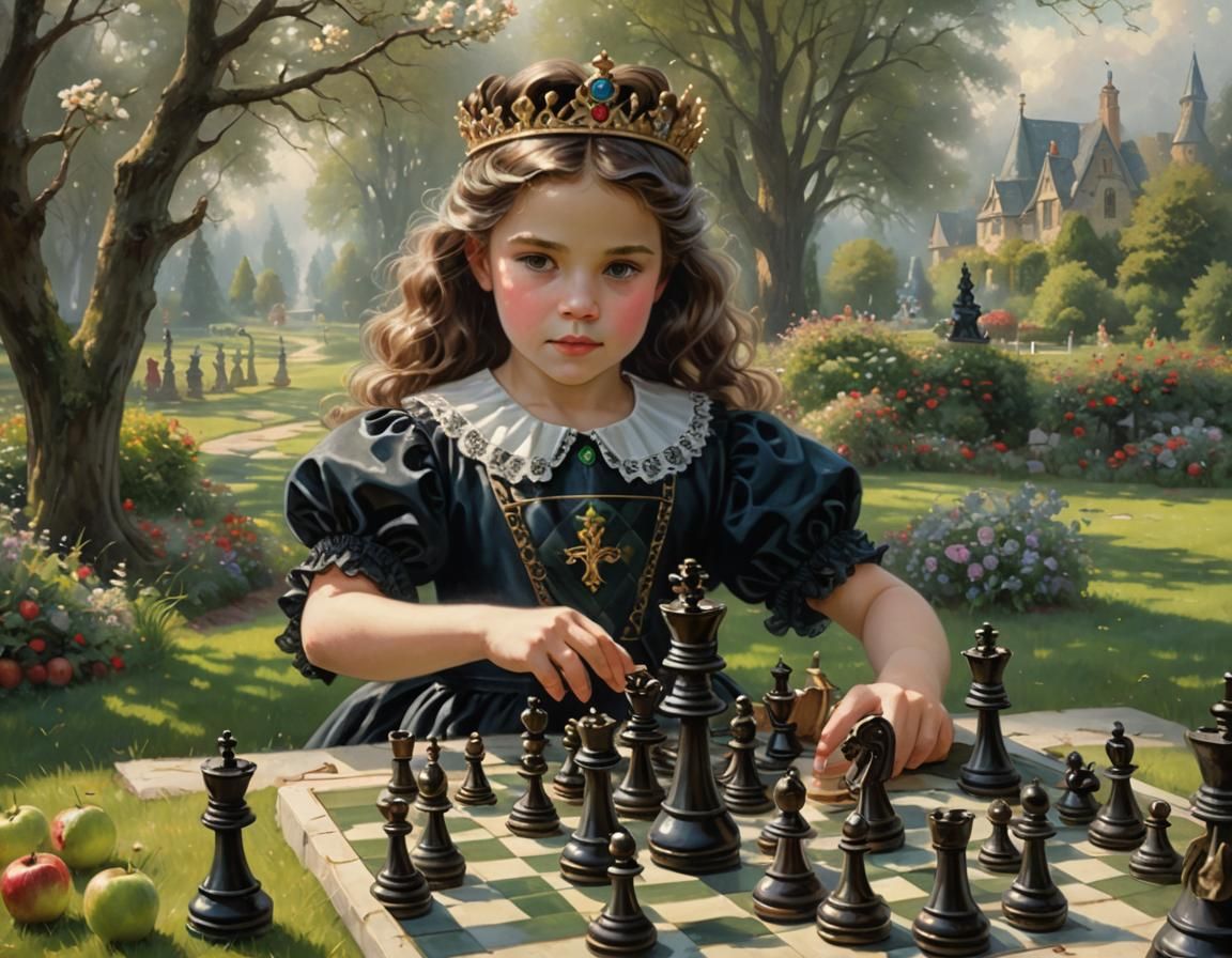 Girl with Chess Piece in Orchard, Ethereal Fantasy Style