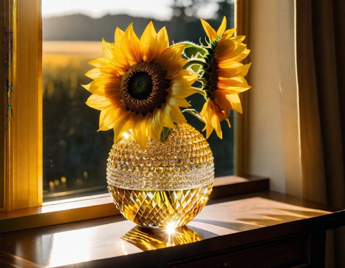 Glowing Sunflower in Crystal Vase: Golden Hour Photograph