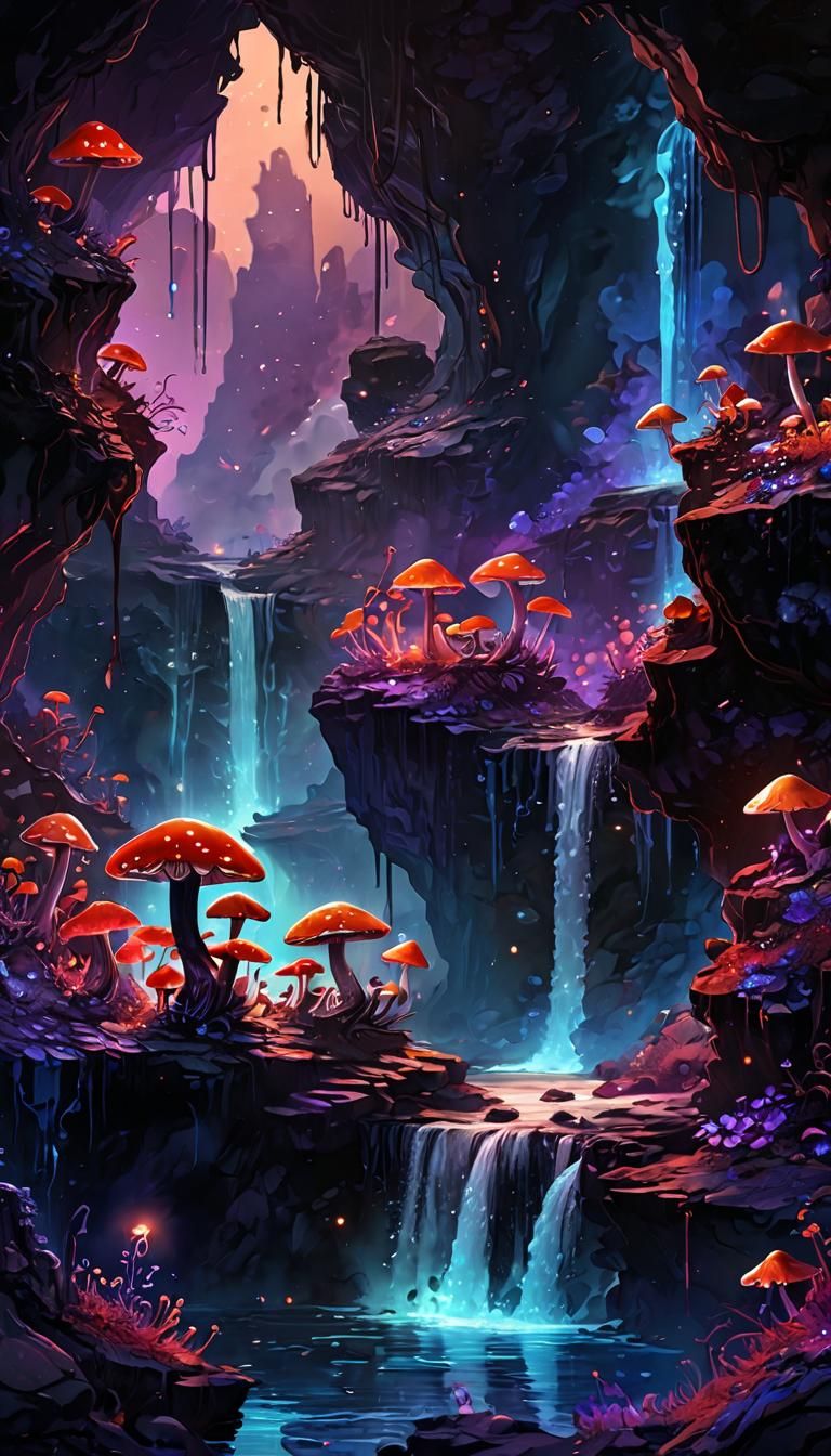 Mystical Cavern with Glowing Mushrooms, as Alcohol Ink Art